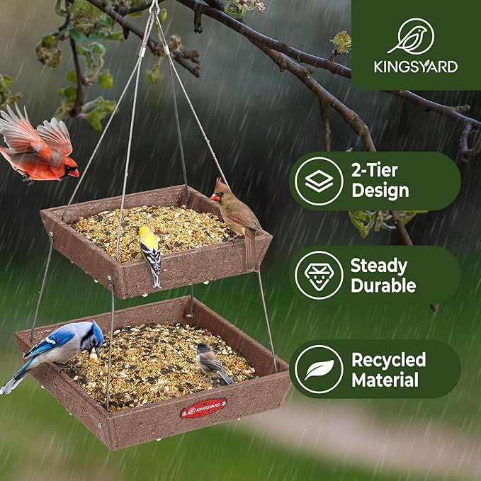 Kingsyard 2 Tier Platform Bird Feeder for Outdoors Hanging, Recycled Plastic Flat Bird Feeder Tray with Large Capacity 5 lbs, Garden Decoration Attracting Cardinal Bluebird Blue Jay, Brown