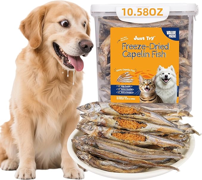 Just Try 10.58 oz Freeze Dried Dog Treats Capelin Fish Raw Single Ingredient Cat Treats High Protein Training Treats Pet Snacks Omega 3 for Skin Coat Health
