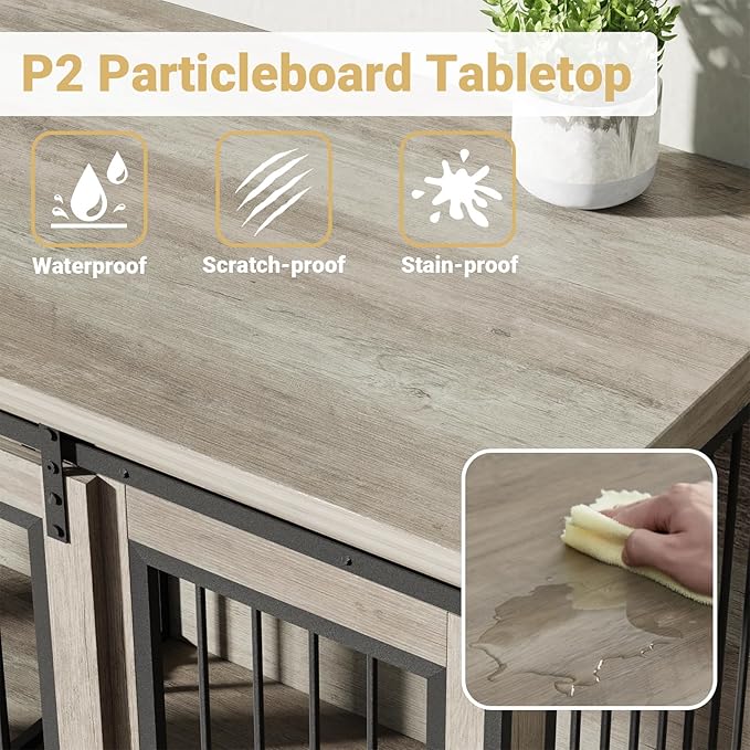 Rovibek 61 Double Dog Crate Furniture for 2 Dogs, Large Double Dog Kennel Furniture TV Stand, Furniture Style Dog Crates End Table, Wood Crates for Dogs Kennel Indoor Grey