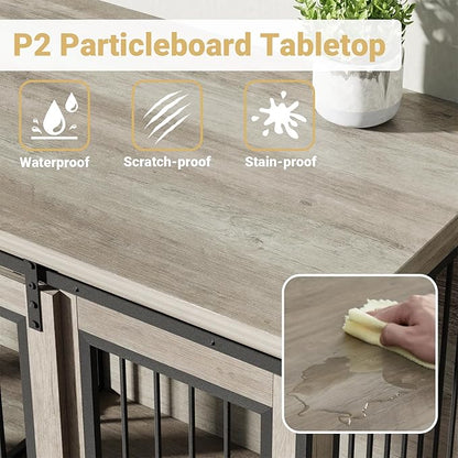 Rovibek 61 Double Dog Crate Furniture for 2 Dogs, Large Double Dog Kennel Furniture TV Stand, Furniture Style Dog Crates End Table, Wood Crates for Dogs Kennel Indoor Grey