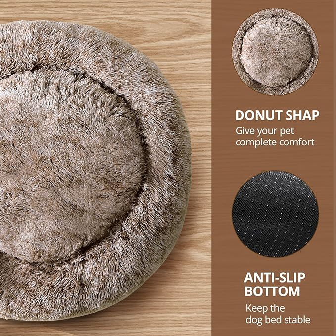 JOLLYVOGUE Dog Bed Cat Bed, Anti-Anxiety Small Dog Bed, Calming Donut Dog Bed for Puppy Bed, Fluffy Dog Beds for Small Medium Dogs, Washable Round Puppy Bed for Indoor Pet (24"/Smoke Brown