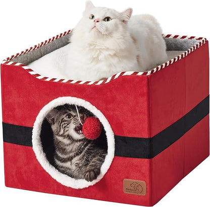Bedsure Cat Beds for Indoor Cats - Large Cat Cave for Pet Cat House with Fluffy Ball Hanging and Scratch Pad, Foldable Cat Hideaway, 16.5x16.5x13 inches,Red