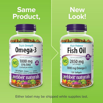 Webber Naturals Fish Oil 2850 mg, High Potency, 1,800 mg Omega-3 per Serving, 120 Clear Enteric Softgels, No Fishy Aftertaste, Ultra-Purified, Supports Heart, Cognitive, and Joint Health