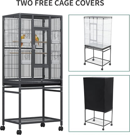 YITAHOME 53.9 inches Metal Bird Cage for Parakeets: Large Parrot Cages with Seed Catcher & Birdcage Cover with Rolling Stand & Brakes for Lovebirds Cockatiels Pigeon Finches, Black