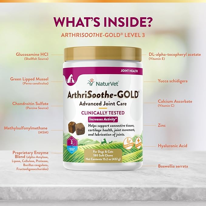 NaturVet ArthriSoothe-Gold Level 3 Advanced Joint Care for Dogs  Soft Chew Dog Supplement with Glucosamine, MSM, Chondroitin & Hyaluronic Acid  Wheat-Free Pet Supplements  180 Ct.