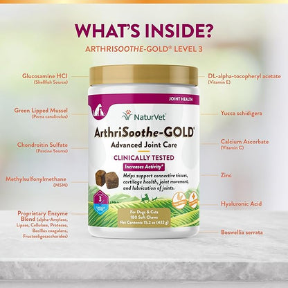 NaturVet ArthriSoothe-Gold Level 3 Advanced Joint Care for Dogs  Soft Chew Dog Supplement with Glucosamine, MSM, Chondroitin & Hyaluronic Acid  Wheat-Free Pet Supplements  180 Ct.