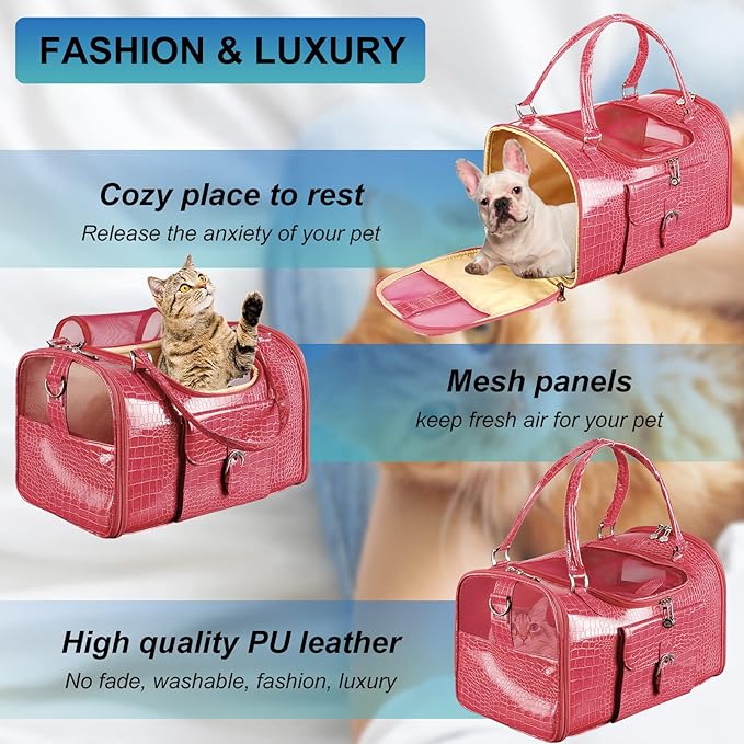 Fashion Pet Carrier, Small Dog Carrier, Cat Carrier, Quality PU Leather Dog Purse, Collapsible Portable Pet Carrying Handbag for Travel Walking Hiking (Pink)