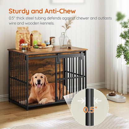 HOOBRO Dog Crate Furniture, 36.6'' Heavy Duty Dog Kennel with Sliding Barn Door, Decorative Dog Crate Indoor, End Side Table for Small/Medium Dog, Rustic Brown and Black BF162GW03G1
