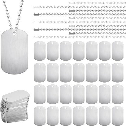 100 Pcs Military Dog Tags Set, 50 Pcs Aluminum Blank Dog Tags and 50 Pcs Iron Necklace Chain, Dog Tags Engraved for Pets, Perfect for DIY Decorative Craft Pet Dog ID Tags, Silver