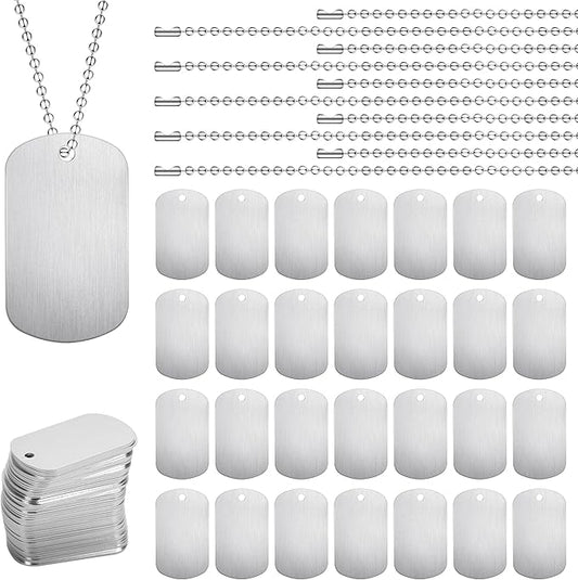 100 Pcs Military Dog Tags Set, 50 Pcs Aluminum Blank Dog Tags and 50 Pcs Iron Necklace Chain, Dog Tags Engraved for Pets, Perfect for DIY Decorative Craft Pet Dog ID Tags, Silver