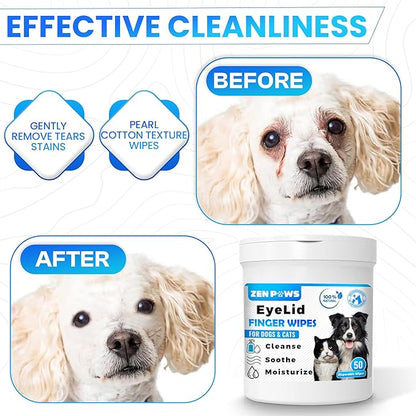 Zenpaws Cat & Dog Eye Wipes – Easy to Use 50 Finger Wipes – Gently Remove Tear Stains, Eye Discharge, Discharge, Mucus Secretions. Treats Inflammation & Itchiness
