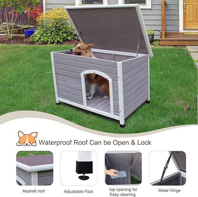 44" Wooden Large Dog Houses Outdoor Indoor, Waterproof Dog Houses Outside with Window Dog House for Small to Large Sized Dogs-Grey