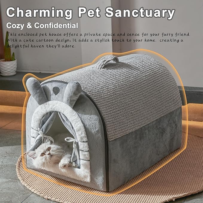 Jiupety Cat Houses for Indoor Cats, Cave Bed with Door Curtain Design, Cute Portable Beds with Reversible Washable Cushion, S Size Soft Kitty Hideaway Up to 6 lbs, Non-Slip Bottom, Grey