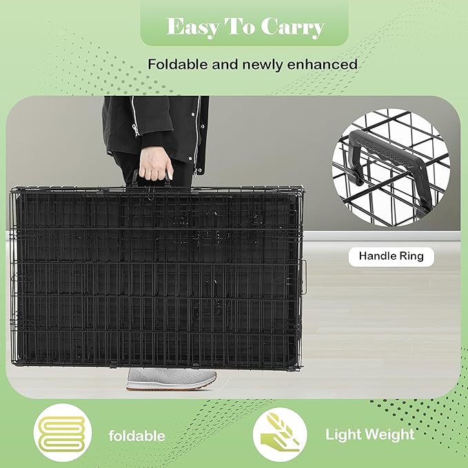 24/7 Shop at Home Gossamer Metal Double Door Folding Wire Pet Crate with Divider, Removable Tray, and Handle for Outdoor and Indoor Medium Dog, 48-inch, Black