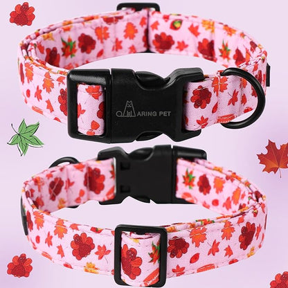ARING PET Fall Dog Collar Pink Maple Leaf Rugby Dog Collars, Cotton Lightweight Thanksgiving Turkey Dog Collars Puppy Collar for Small Medium Large Dogs