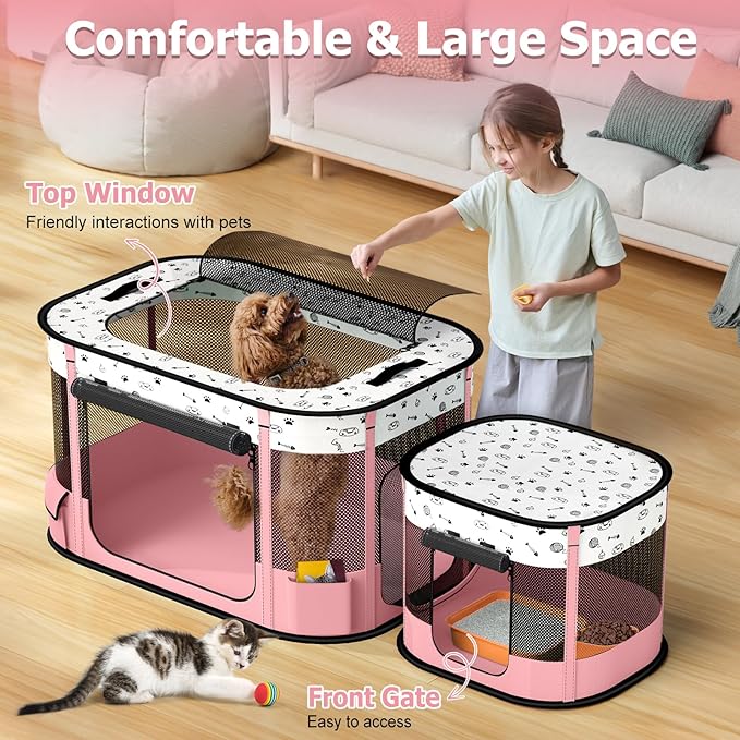 Portable Cat Playpen with litter box area, Foldable Pet Dog Playpen, for Kitten Puppy Play Pen Indoor/Outdoor, Cats Enclosure Cages Tent with Carrying Case, 600D Oxford 8-Rods, 32"x24"x22", Pink