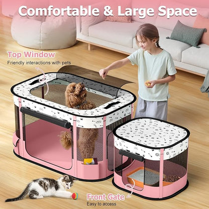 Portable Cat Playpen with litter box area, Foldable Pet Dog Playpen, for Kitten Puppy Play Pen Indoor/Outdoor, Cats Enclosure Cages Tent with Carrying Case, 600D Oxford 8-Rods, 32"x24"x22", Pink