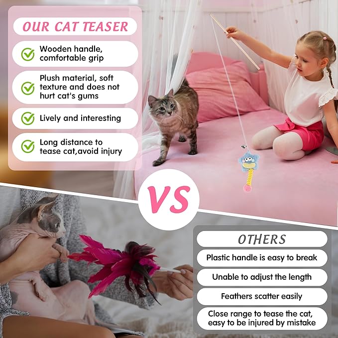 Elastic Cat Wand Toy Funny Interactive Plush Cat Fishing Pole Toy with Bell Soft Natural Wood Kitten String Toys for Indoor Cats Kittens Bored Cats (3 Pack)