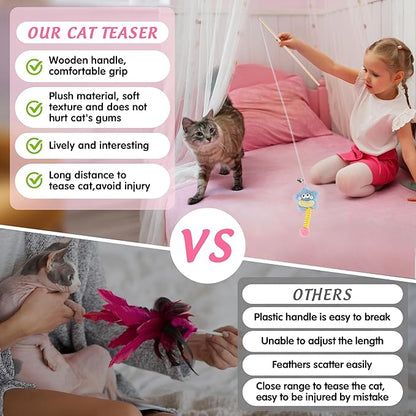 Elastic Cat Wand Toy Funny Interactive Plush Cat Fishing Pole Toy with Bell Soft Natural Wood Kitten String Toys for Indoor Cats Kittens Bored Cats (3 Pack)