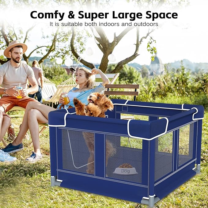 Dog Playpen, 42_42 Inch. Puppy PlayPen with Gate for Puppies,Oxford Cloth Tear Resistant Fabric. Pet PlayPen with Roof for Outdoors & Indoors. Anti-Tipping. Zipper Door. Ideal for Dogs and Cats
