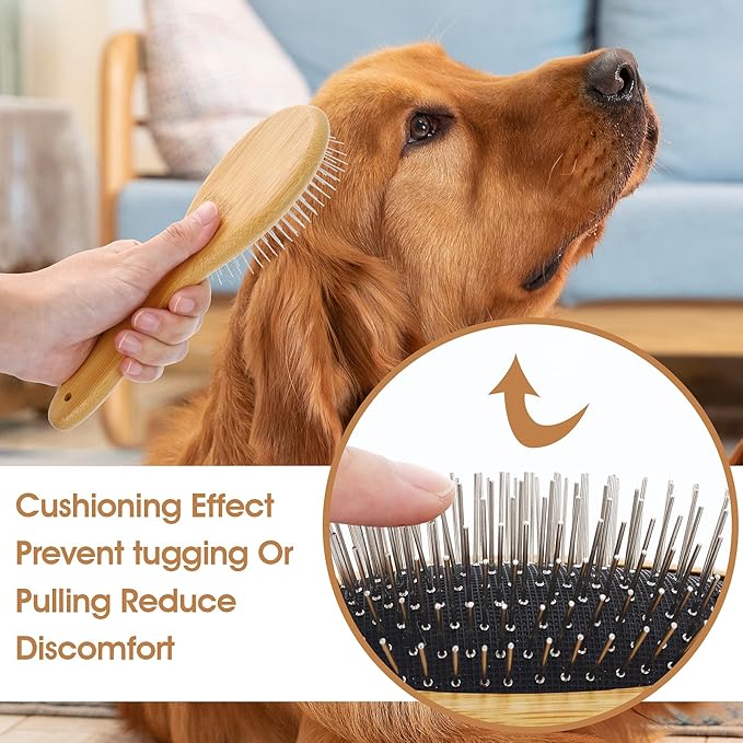 Dog Pin Brush, Airbag Grooming Wooden Comb Pet 20mm Stainless Steel Round Pin Slicker Brush with Bamboo Handle for Removing Shedding Tangles Dead Undercoat