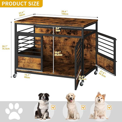 DWVO Dog Crate Furniture, 39 Inch Dog Kennel Indoor Furniture End Table for Dogs, Modern Decorative Wooden Cage with Wheels, Chew-Resistant, Rustic Brown