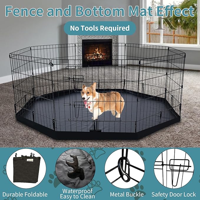 Dog Playpen Indoor with Bottom Pad/Top Cover, Dog Playpen Collapsible Metal Small Animal Kennels,8 Panels 24 "W x 24 "H for Indoor/Outdoor Small Medim Pet Yard