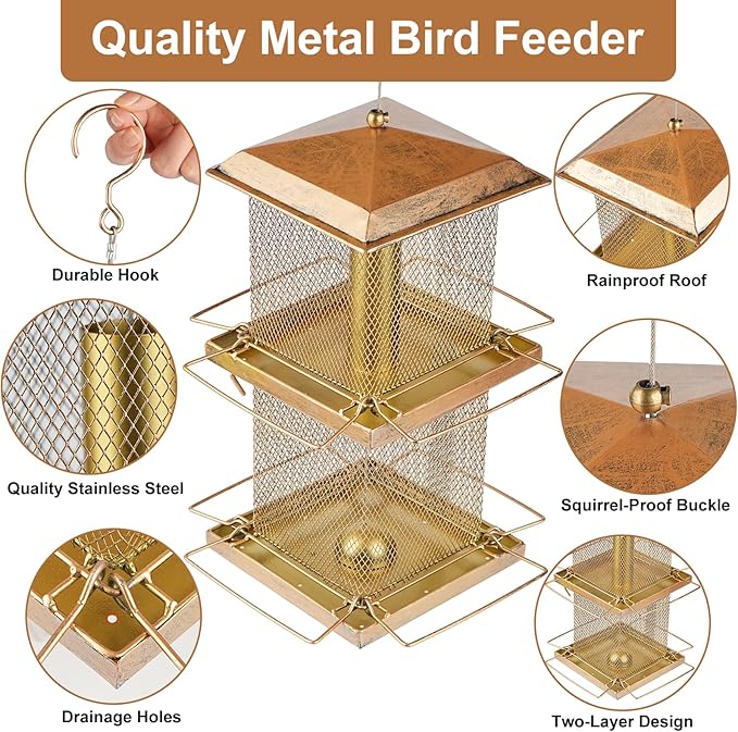 Large Bird Feeder, Double Tier Metal Bird Feeders for Outdoors, Square Tower Birdfeeder for Decorating Courtyard, Garden, Birds Watching, Gifts