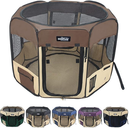 EliteField 2-Door Soft Pet Playpen (2 Year Warranty), Exercise Pen, Multiple Sizes and Colors Available for Dogs, Cats and Other Pets (62" x 62" x 30"H, Brown+Beige)