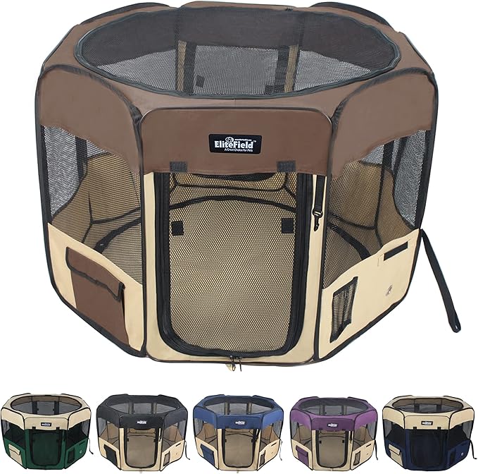 EliteField 2-Door Soft Pet Playpen (2 Year Warranty), Exercise Pen, Multiple Sizes and Colors Available for Dogs, Cats and Other Pets (62" x 62" x 36"H, Brown+Beige)