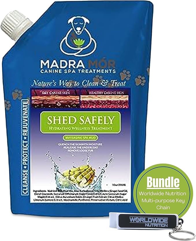Worldwide Nutrition Bundle: Madra Mor Shed Safely - Dog Essentials Mud Bath, Dog Grooming, Dry Skin for Dogs Treatment, Dog Coat Skin Care Products - 10oz Pouch & Multi-Purpose Key Chain