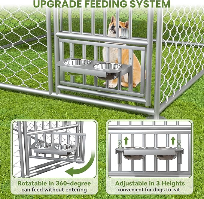 6.7 x 6.7 ft Dog Kennel Outside - Outdoor Dog Kennel with Roof, Heavy Duty Outdoor Dog Kennel with Rotating Feeding Bowls, for Medium Small Dogs