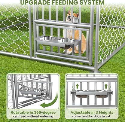 6.7 x 6.7 ft Dog Kennel Outside - Outdoor Dog Kennel with Roof, Heavy Duty Outdoor Dog Kennel with Rotating Feeding Bowls, for Medium Small Dogs