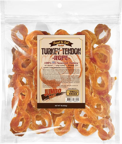 Gootoe Turkey Tendon Dog Treats, Rope (S) 1 lb, 100% USA-Sourced Turkey, Natural Snack, Premium Puppy Chews, Hypoallergenic, Reseal Value Bags, Size for Small Dogs