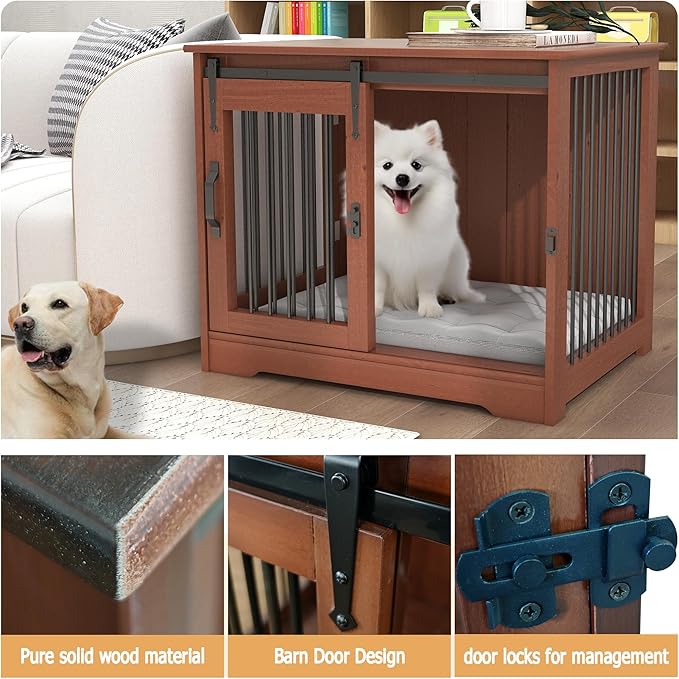 TAOHFE Solid Wood Dog Crate Furniture, Dog Kennel Indoor for Small Dogs with 2 Types Doors, Solid Wood Small Dog Crates Farmhouse Style, Dog Kennel Furniture for Dogs to Play & Rest