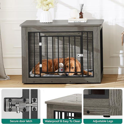 YITAHOME Dog Crate Furniture for Large Dogs, Side End Table, Modern Dogs Kennel Indoor up to 80 lb, 2-in-1 Iron-Wood Fusion Dog Cage with Waterproof Top, Safety Corners, Steel Lock,43" L,Greige