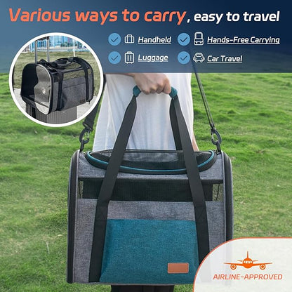 Cat Carrier for Large Cats 20 lbs, Soft Sided Breathable Mesh Cat Travel Carrier, Large Cat Carrier Airline Approved, Washable Pet Carrier for Cats Small Dogs Puppies, Foldable Cat Carrier, Blue