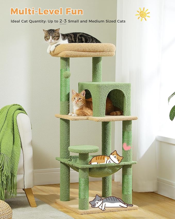 Cactus Cat Tree for Indoor Cats, 45.7" Multi-Level Cat Tower with Large Metal Frame Hammock, Cat Condo with 4 Scratching Posts and Top Perch, Green
