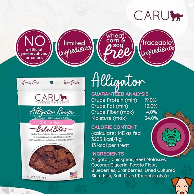 Caru - Soft n Tasty Baked Bites - Alligator Bites Dog Treats - Flavorful Training Treats - 3.75 oz Bags - Pack of 3