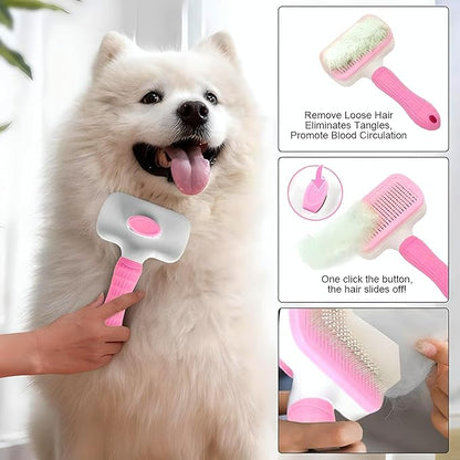 Pink Cat grooming brush, Pet hair brush with Massage Particles, Self Cleaning Dematting Comb for Dogs and Cats, Easy to Use, Ergonomic Handle Design