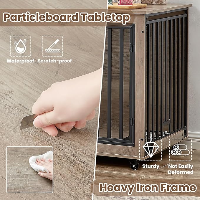 Rovibek 39" Dog Crate Furniture with Rotatable Bowls, Wooden Dog Crate End Table, Decorative Heavy Duty Dog Kennel Furniture Indoor with Double Doors 4 Wheels, Gray