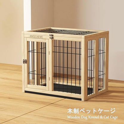 Wooden Folding Pet Cage Puppy Kennel & Cat Cage with Flippable Roof and Removable Tray, Indoor Dog Crate Furniture, Easy Assemble Easy Storing (M)