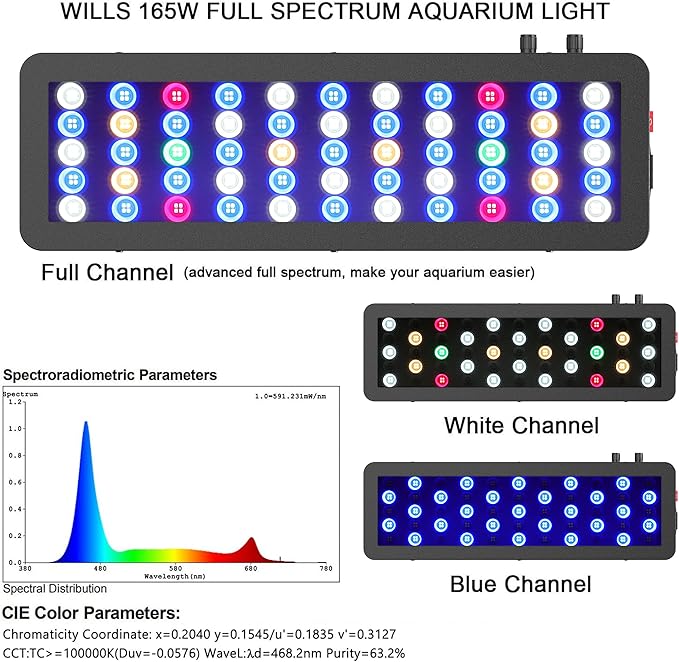WILLS Full Spectrum Aquarium Light, Reef Lights for Coral with Dual Dimmable Channels, 55 Premium SMD Chips, Daisy Chain Design, Hanging Saltwater Fish Tank Light for SPS/LPS Coral Reef (165W/Black)