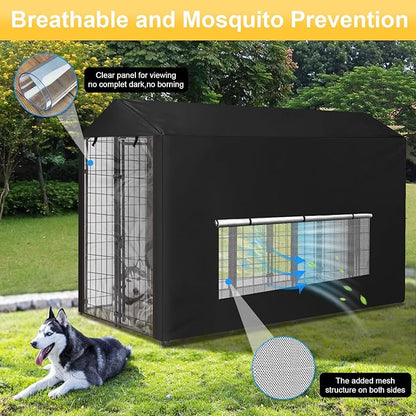 Dog Kennel Cover Large Shade Outdoor Playpen Cover Fully Enclosed Outside Waterproof Dog Crate Cover with Anti-UV Mesh Window and Clear Pannel for Viewing (Cover only Patent Design)