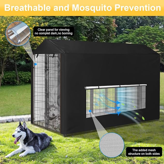 Dog Kennel Cover Large Shade Outdoor Playpen Cover Fully Enclosed Outside Waterproof Dog Crate Cover with Anti-UV Breathable Mesh Window and Clear Pannel for Viewing (Cover only Patent Design)