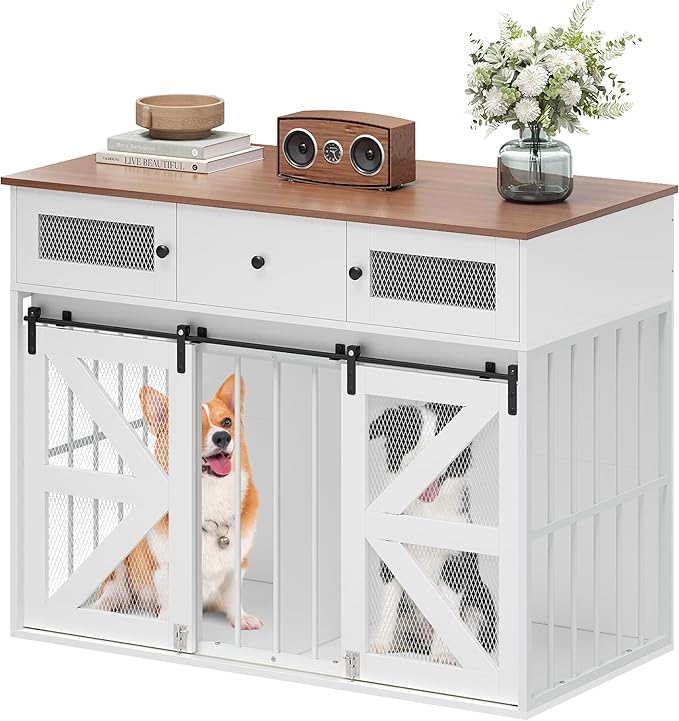 YITAHOME 48" Wooden Dog Crate Furniture with Removable Divider, Large Dog Kennel with Drawers, Double Doors & Locks Design, Dog Crate Furniture TV Stand for Medium Large Dogs