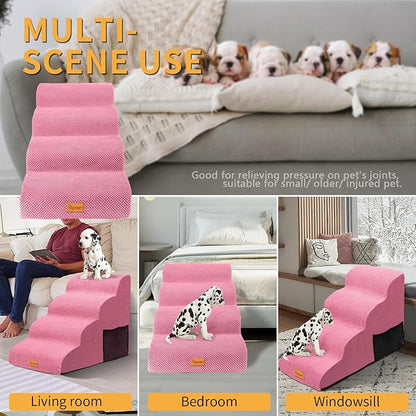 Topmart High Density Foam Dog Steps 4 Tiers,Extra Wide Deep Pet Steps, Non-Slip Pet Stairs,Dog Ramp for Bed,Soft Foam Dog Ladder,Best for Older Dogs Injured,Older Pets,Cats with Joint Pain,Color Pink