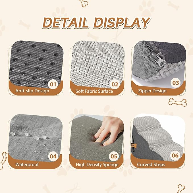 Romrol Dog Stairs Ramp for Beds Couches, Extra Wide Pet Steps with Durable Non-Slip Waterproof Fabric Cover, Pets Slope Stairs, 3-Tiers,Light-Grey