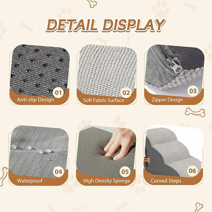 Romrol Dog Stairs Ramp for Beds Couches, Extra Wide Pet Steps with Durable Non-Slip Waterproof Fabric Cover, Pets Slope Stairs, 3-Tiers,Light-Grey