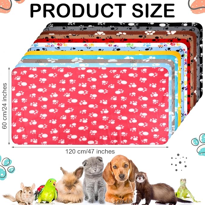 Tegeme 12 Pieces Fleece Blankets for Pets Dog Puppy Paw Print Cat Bedding Cover Blanket for Small Animals Pig Cage Liner Sleep Mat Pad Kitten Soft Warm(Cute Style,47 x 24 Inches)